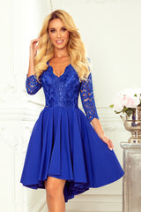 NICOLLE dress blue with longer back with lace neckline / Numoco 210-4