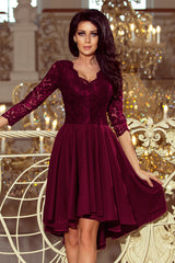 NICOLLE dress red with longer back with lace neckline / Numoco 210-6