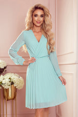 Isabella pleated dress light blue with neckline and long sleeve /  Numoco 313-10