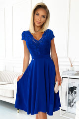 LINDA chiffon dress navy blue with lace neckline / Numoco 381-4