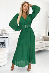 KLARA pleated dress green with a belt and a neckline / Numoco Basic 414-1