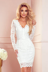 Lace dress white with long sleeves and a neckline Numoco 170-11 -0