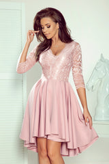 NICOLLE dress pink with longer back with lace neckline / Numoco 210-11-0