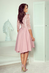 NICOLLE dress pink with longer back with lace neckline / Numoco 210-11-1