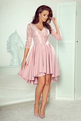 NICOLLE dress pink with longer back with lace neckline / Numoco 210-11-2