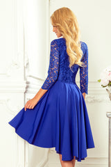 NICOLLE dress blue with longer back with lace neckline / Numoco 210-12-3