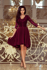 NICOLLE dress burgundy with longer back with lace neckline / Numoco 210-13-2