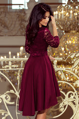 NICOLLE dress burgundy with longer back with lace neckline / Numoco 210-13-3