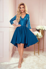 NICOLLE dress blue with longer back with lace neckline / Numoco 210-14-2