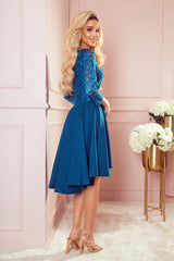 NICOLLE dress blue with longer back with lace neckline / Numoco 210-14-1