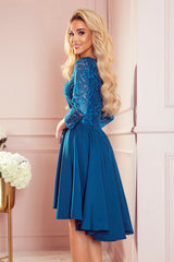 NICOLLE dress blue with longer back with lace neckline / Numoco 210-14-3