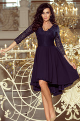 NICOLLE dress navy blue with longer back with lace neckline / Numoco 210-2-0