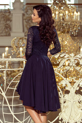 NICOLLE dress navy blue with longer back with lace neckline / Numoco 210-2-3