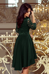 NICOLLE dress green with longer back with lace neckline / Numoco 210-3-3