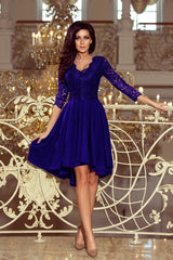 NICOLLE dress blue with longer back with lace neckline / Numoco 210-4-2