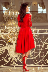 NICOLLE dress red with longer back with lace neckline / Numoco 210-6-1