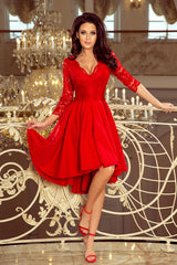 NICOLLE dress red with longer back with lace neckline / Numoco 210-6-2