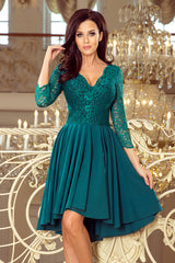 NICOLLE dress green with longer back with lace neckline / Numoco 210-8-0