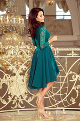 NICOLLE dress green with longer back with lace neckline / Numoco 210-8-1