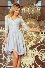 NICOLLE dress grey with longer back with lace neckline / Numoco 210-9-0