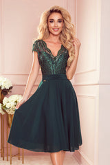 LINDA chiffon dress green with lace neckline / Numoco 381-2-0