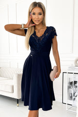 LINDA chiffon dress navy blue with lace neckline / Numoco 381-4-0