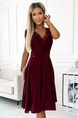 LINDA chiffon dress burgundy with lace neckline / Numoco 381-5-3