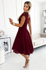 LINDA chiffon dress burgundy with lace neckline / Numoco 381-5-2