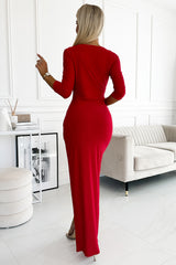 Shiny dress red with a neckline and a slit on the leg / Numoco 404-7-2