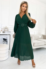 KLARA pleated dress green with a belt and a neckline / Numoco Basic 414-1-0