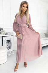 KLARA pleated dress pink with a belt and a neckline / Numoco Basic 414-2 -0