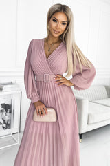 KLARA pleated dress pink with a belt and a neckline / Numoco Basic 414-2 -2