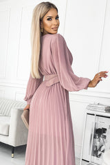 KLARA pleated dress pink with a belt and a neckline / Numoco Basic 414-2 -3