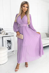 KLARA pleated dress violet with a belt and a neckline / Numoco Basic 414-6-0