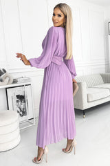 KLARA pleated dress violet with a belt and a neckline / Numoco Basic 414-6-1