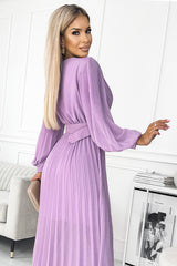 KLARA pleated dress violet with a belt and a neckline / Numoco Basic 414-6-3