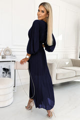 KLARA pleated dress navy blue with a belt and a neckline / Numoco Basic 414-7-1