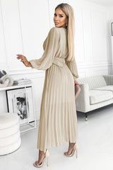 KLARA pleated dress beige with a belt and a neckline / Numoco Basic 414-8 -2